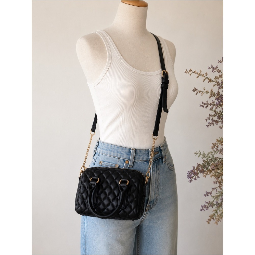 NWT Black Quilted Mini Satchel Crossbody Bag Gold Hardware Vegan